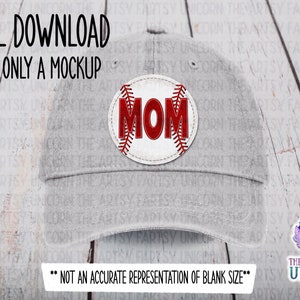 May include: A gray baseball cap with a white baseball patch that says "MOM" in red letters. The patch has red stitching around the edges and a white background.