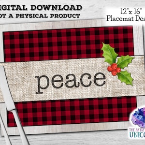 DIGITAL FILE: Red Black Buffalo Plaid PEACE Christmas 12”x16” Placemat Sublimation Design - Digital Download