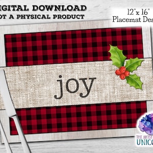 DIGITAL FILE: Red Black Buffalo Plaid JOY Christmas 12”x16” Placemat Sublimation Design - Digital Download