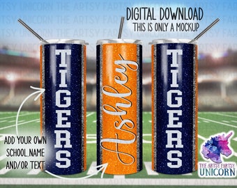 DIGITAL FILE: Orange and Navy Blue Glitter Sports / School Vertical Colors 20 oz Skinny Straight Tumbler Sublimation Design -