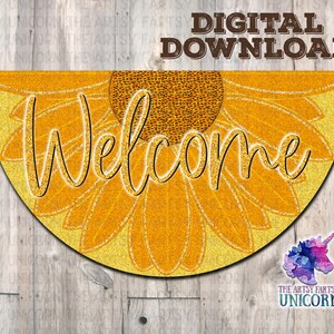 DIGITAL DESIGN: Sunflower Welcome with Slight Glitter Accents Watermelon Shaped Door Hanger Sublimation Design