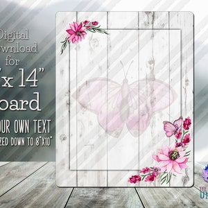 ARCHIVO DIGITAL: Pizarra de borrado en seco con diseño de flor rosa con madera desgastada y mariposa - Diseño de sublimación personalizable para pizarra de 28 x 35 cm/20 x 25 cm