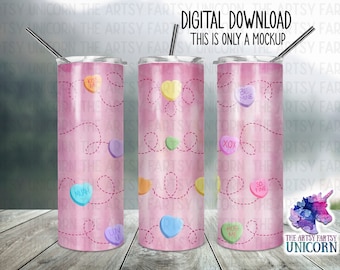 ARCHIVO DIGITAL: Diseño original de acuarela con corazones de caramelo - Vaso delgado de 20 oz - Diseño de sublimación - Diseños cónicos y rectos