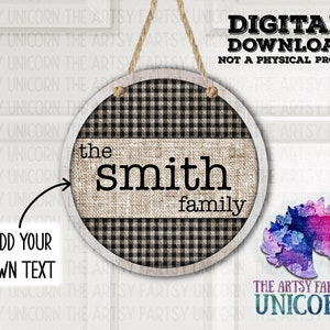 DIGITAL FILE: Fall Wood Framed Black White Plaid Burlap Welcome Door Design -  12.25&quot; Round Sign/Front Door Hanger - Sublimation Design