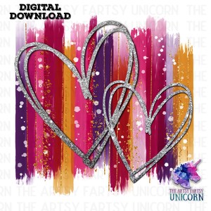 DIGITAL FILE: Multicolored Brush Strokes Watercolor Silver Hearts Original Artsy Fartsy Sublimation Design - Valentine’s Day Design