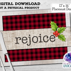 DIGITAL FILE: Red Black Buffalo Plaid REJOICE Christmas 12”x16” Placemat Sublimation Design - Digital Download