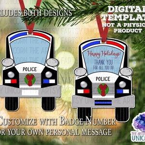 DIGITAL FILE: Police Officer Car Thank You For All You Do Christmas Sublimation Ornament Design - Customize w/ Badge Number Name or Msg