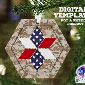 DIGITAL FILE: Military Red White Blue Stars Camouflage Quilt Hexagon Christmas Sublimation Ornament Design
