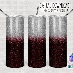 May include: Three silver and burgundy glitter tumbler cups with a gradient effect. The cups are arranged in a row and are ready for customization.