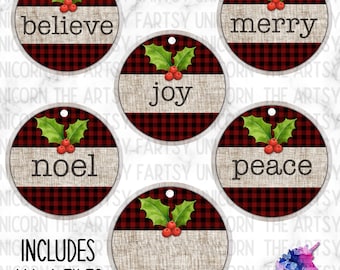 Holiday Words on Red and Black Plaid with Burlap and Holly Accent Round Sublimation Ornament Design Bundle - 6 PNG - DIGITAL DOWNLOAD