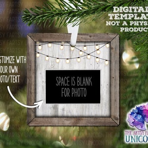 DIGITAL FILE: Wood Photo Frame Twinkle Lights Square Ornament Sublimation Design  - Distressed Wood Frame - Add Photo/Text -