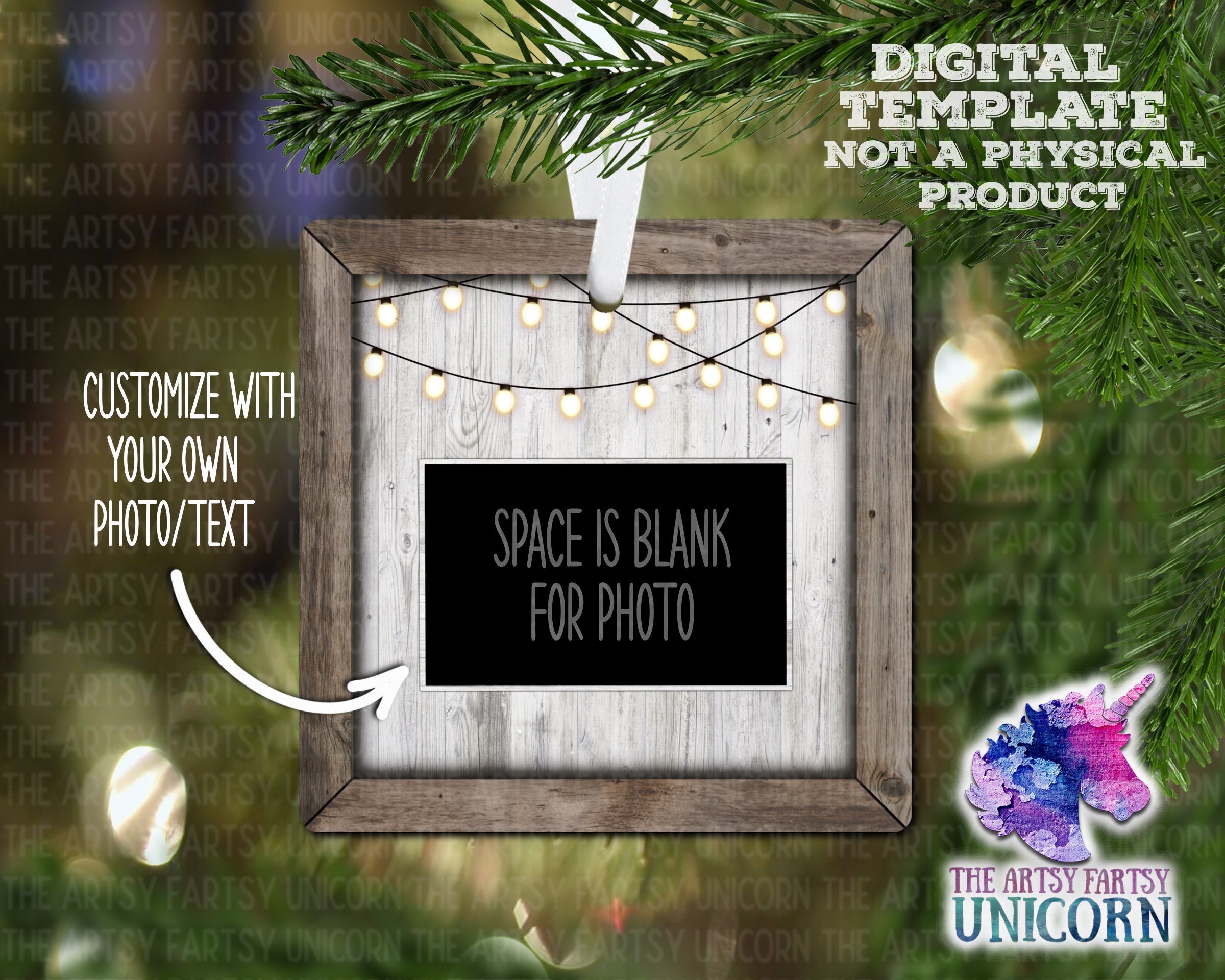 DIGITAL FILE: Wood Photo Frame Twinkle Lights Square Ornament Sublimation Design  - Distressed Wood Frame - Add Photo/Text -