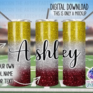 May include: Three gold, silver, and maroon glitter tumblers with the name "Ashley" on the front.  The tumblers are on a green and white football field background.  Add your own school name and/or text.