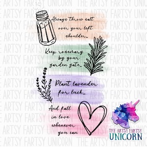 May include: A digital illustration with a white background and colourful watercolour-like stripes. The illustration features four different images with text. The first image is a salt shaker with the text "Always throw salt over your left shoulder". The second image is a sprig of rosemary with the text "Keep rosemary by your garden gate". The third image is a sprig of lavender with the text "Plant lavender for luck". The fourth image is a heart with the text "And fall in love whenever you can".