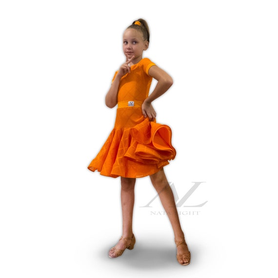 Orange Ballroom Dress Girls Latin Pumpkin Competition Dress Short Sleeve Performance Dance Dresses Short Ballroom Dance Dress
