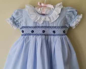 Baby blue and white stripe dress, hand smocked girl dress, hand embroidered dress