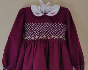 Plum purple long sleeve dress, hand embroidered dress, hand smocked dress, Winter dress