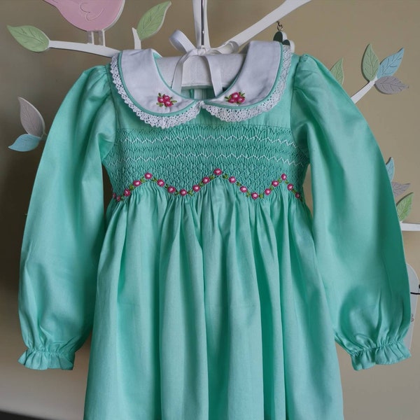 Mint Green dress, long sleeve dress, hand embroidered dress, hand smocked dress