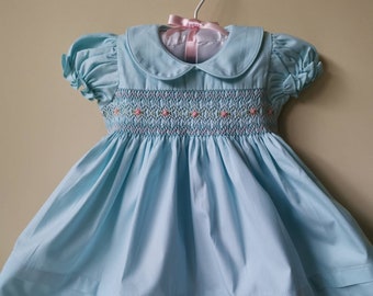 Soft pastel blue dress, baby dress, hand smocked girl dress, hand embroidered dress