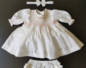 Three piece Baby dress set, Off White long sleeve baby dress with bloomer and headband, Newborn dress set, Take home dress