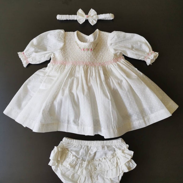 Three piece Baby dress set, Off White long sleeve baby dress with bloomer and headband, Newborn dress set, Take home dress