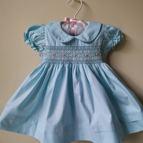 Soft pastel blue dress, baby dress, hand smocked girl dress, hand embroidered dress