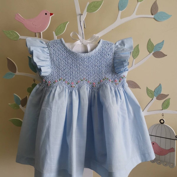 Baby blue dress, hand smocked girl dress, hand embroidered dress