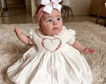 Cream color dress,  hand smocked dress, Heart embroidery, baby girl dress