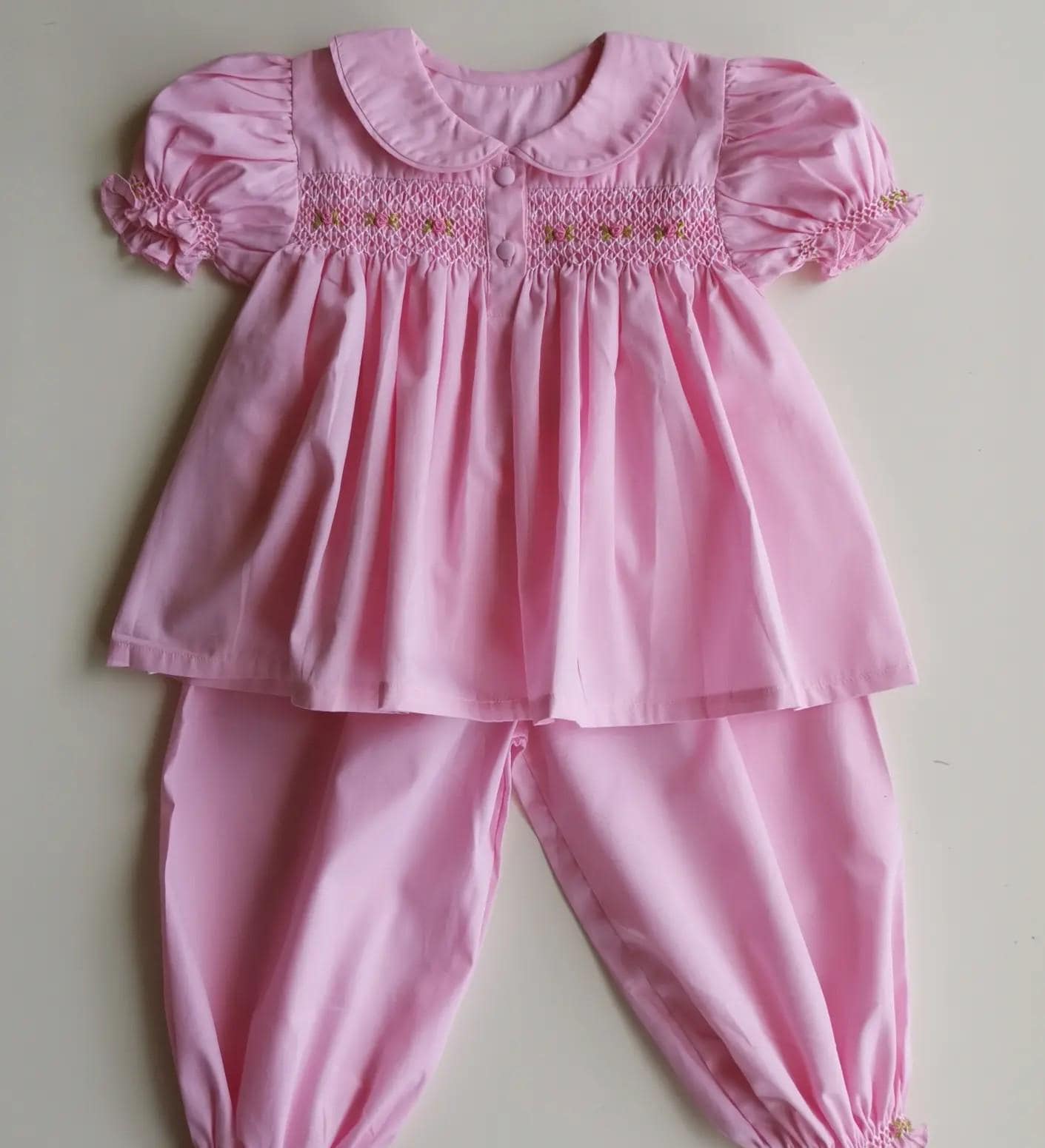 Baby Girl Pink Smocked Pyjama Set - Hand Embroidered Cotton Sleepwear (6 Months - 3 Years)