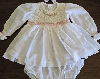Hand Smocked Newborn Dress Set, Floral Embroidery, White Cotton, Bloomer & Headband