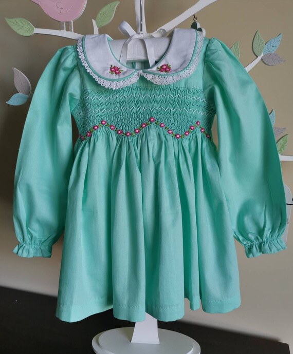 Hand Smocked Mint Green Dress, Embroidered Collar, Long Sleeve