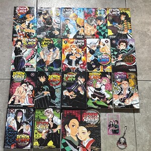 May include: A selection of "Demon Slayer" manga volumes, showcasing vibrant character illustrations. The covers display the series title and volume numbers, alongside a coloring book, a keychain, and a small card.