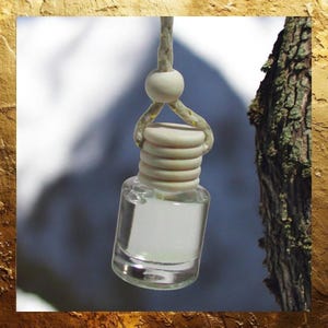 May include: A small, clear glass bottle filled with a light-colored liquid, suspended by a beige rope and wooden bead. The bottle has a light-colored wooden cap. The background is blurred, with a tree trunk visible on the right side.