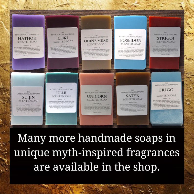 May include: A collection of ten rectangular, scented soaps in various colors, including purple, red, and blue. Each soap has a label with a unique name like "Hathor" and "Poseidon." The image also includes text promoting more handmade soaps with myth-inspired fragrances.