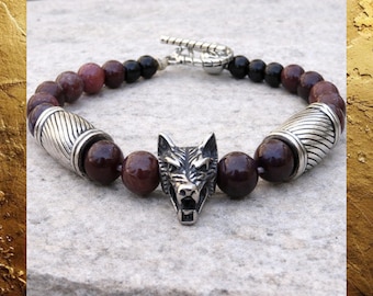 Fenrir Wolf Bracelet: Plum Purple & Black Gemstones with Large Wolf Head. Jewelry Inspired by Norse Mythology.