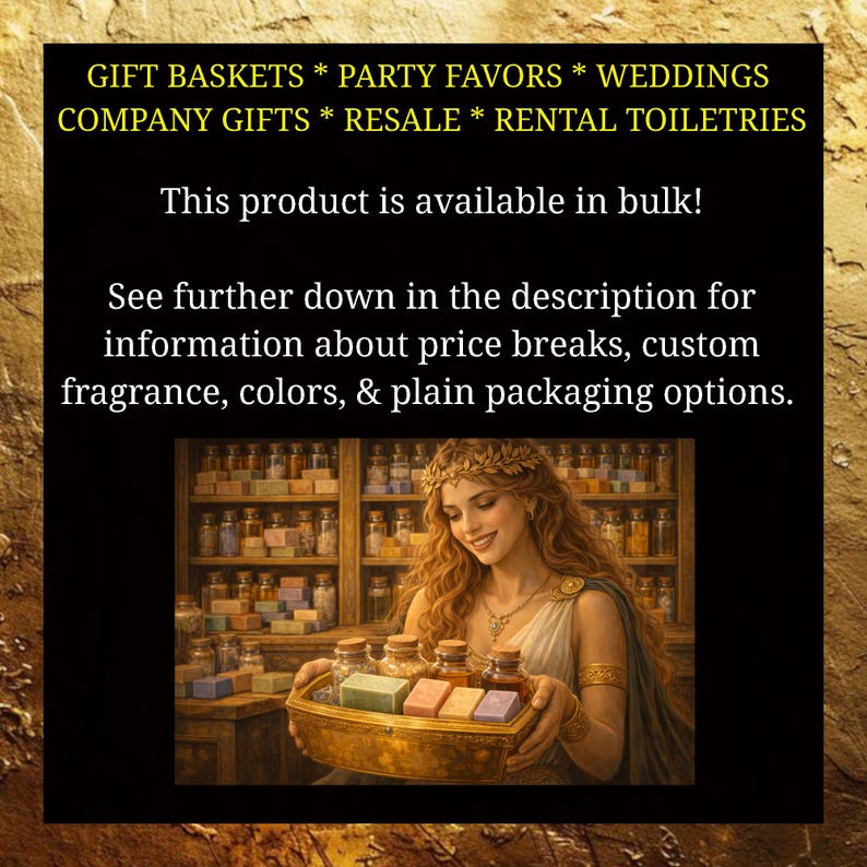May include: Image features a woman holding a tray of soaps and bottles. Text at the top reads: GIFT BASKETS * PARTY FAVORS * WEDDINGS, COMPANY GIFTS * RESALE * RENTAL TOILETRIES. The text below states the product is available in bulk.