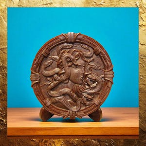 Decor Medallion: Medusa Copper With Stand - Greek Mythology Home Accent, Table Display