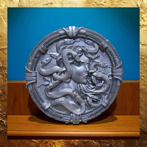 Decor Medallion: Medusa Silver With Stand - Greek Mythology Home Accent, Table Display