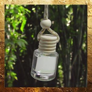 May include: A small, clear glass bottle with a wooden cap and a hanging string. The bottle is filled with a clear liquid. The background is a blurred view of green foliage. The bottle is designed to be an air freshener.