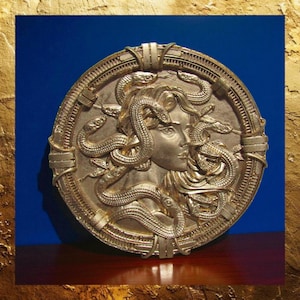Decor Medallion: Medusa Gold With Stand - Greek Mythology Home Accent, Table Display