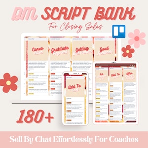 Könnte beinhalten: Ein digitaler Bildschirm zeigt eine Website mit dem Text "DM SCRIPT BANK For Closing Sales". Die Website bietet eine Vielzahl von Verkaufsskripten für Coaches, darunter "Convo Filler", "Gratitude Payment", "Getting Bad Review" und "Good Feedback". Der Bildschirm zeigt auch einen Button mit der Aufschrift "Add To Cart". Das Bild ist von rosa Blumen umgeben.