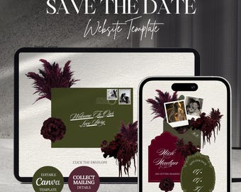 Sage Green Burgundy Save The Date Wedding Website Digital Invitation Template Design Download | Canva Editable