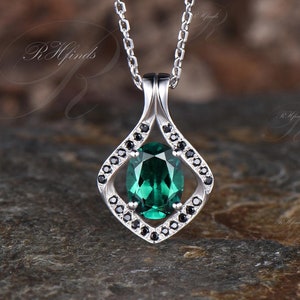 Delicate Oval Cut May Birthstone Emerald Necklace Art Deco Black Spinel Halo Pendant Minimalist 14k White Gold Green Gemstone Necklace Women