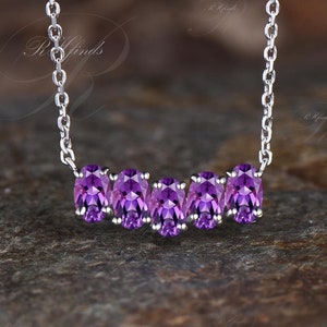 Art Deco Oval Cut Natural Amethyst Necklace Unique February Birthstone Purple Crystal Five Stone Necklace Minimalist 14k White Gold Pendant