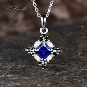 Delicate Princess Cut September Birthstone Blue Sapphire Necklace Art Deco Moissanite Black Spinel Halo Pendant 925 Sterling Silver Necklace