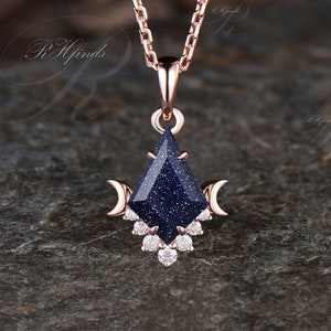 Unique Galaxy Kite Cut Blue Sandstone Necklace Art Deco 14k Rose Gold Moissanite Moon Pendant Minimalist Healing Necklace Promise Gift Women