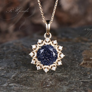 Art Deco Round Cut Galaxy Blue Sandstone Necklace Unique Blue Gemstone Moon Moissanite Halo Pendant 14k Yellow Gold Healing Jewelry Women