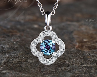 Delicate June Birthstone Round Alexandrite Necklace Unique Color Change Stone Alexandrite Pendant Moissanite Diamond Halo Necklace Women