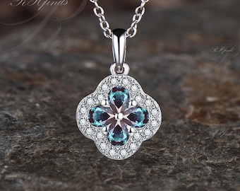 Minimalist Pear Cut Alexandrite Necklace Delicate Moissanite Diamond Halo Pendant Dainty June Birthstone 14k White Gold Necklace Jewelry