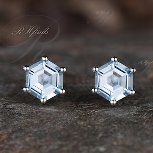 Unique Hexagon Cut March Birthstone Natural Aquamarine Earrings 14k White Gold Blue Gemstone Stud Earrings Art Deco Birthday Jewelry Gift